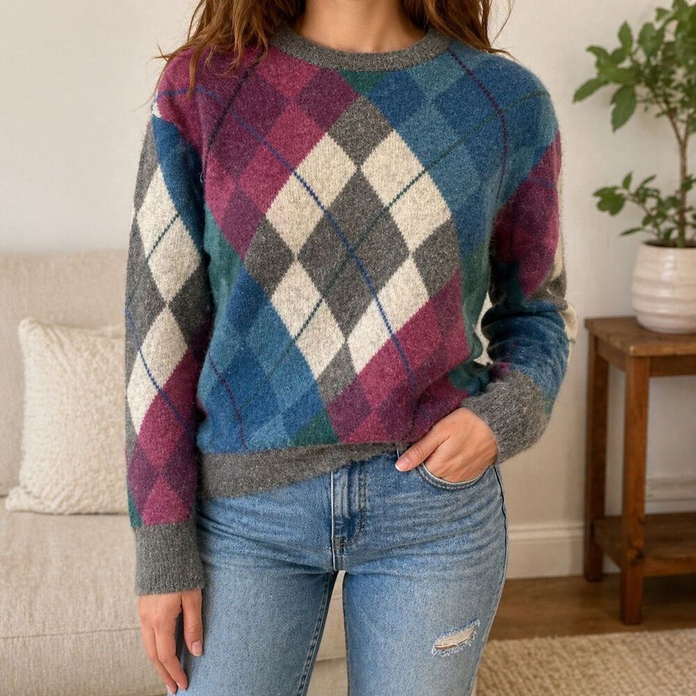 Vtg 90s JH Collectibles Argyle Sweater Rabbit Hair/Angora Lambswool Petite Small